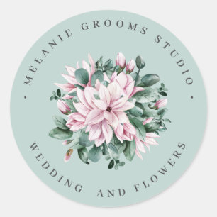 Magnolia and eucalyptus sage green wedding flowers classic round sticker