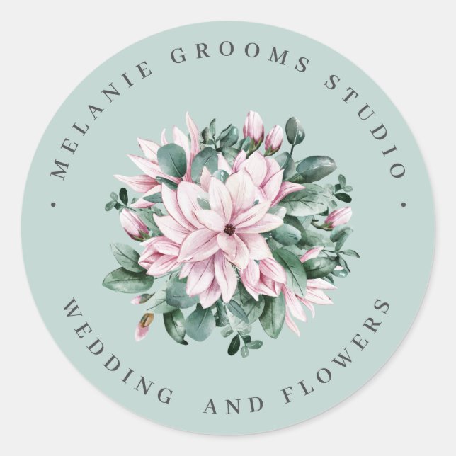 Magnolia and eucalyptus sage green wedding flowers classic round sticker (Front)