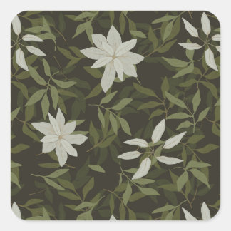 Magnolia and green leaves on black square sticker