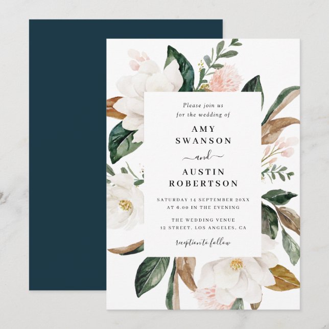 magnolia and pink flowers wedding invitation (Front/Back)