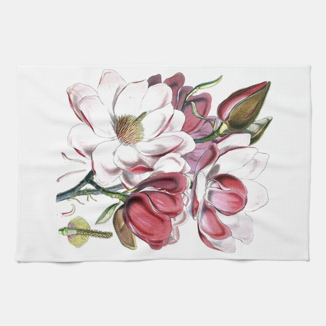 Magnolia Asian Flower Vintage Old Illustration Tea Towel (Horizontal)