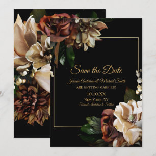 Magnolia Black Gold Floral Save the Date Invitation