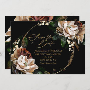 Magnolia Black Gold Wreath Floral Save the Date In Invitation