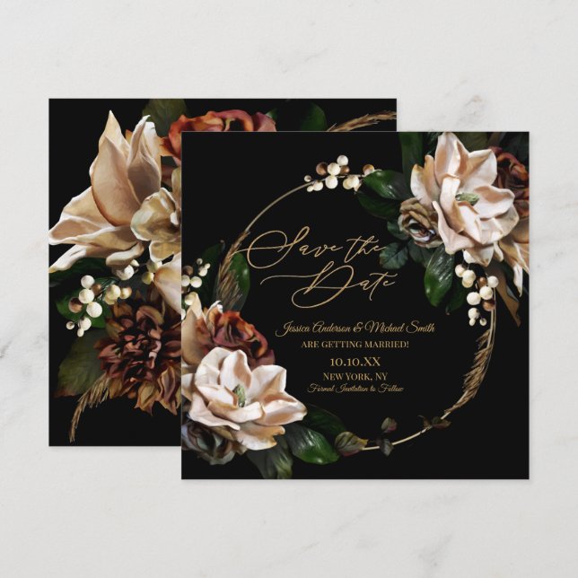Magnolia Black Gold Wreath Floral Save the Date Invitation (Front/Back)
