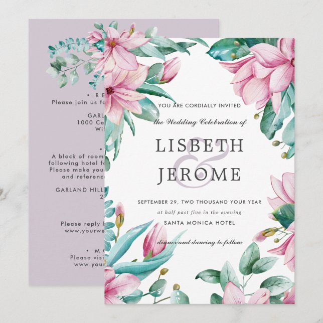 Magnolia Bloom | All in one Botanical Wedding Invitation (Front/Back)