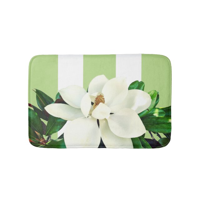 Magnolia Bloom | Green & White Striped Bath Mat (Front)