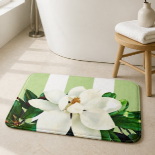 Magnolia Bloom Green & White Striped Bath Mat