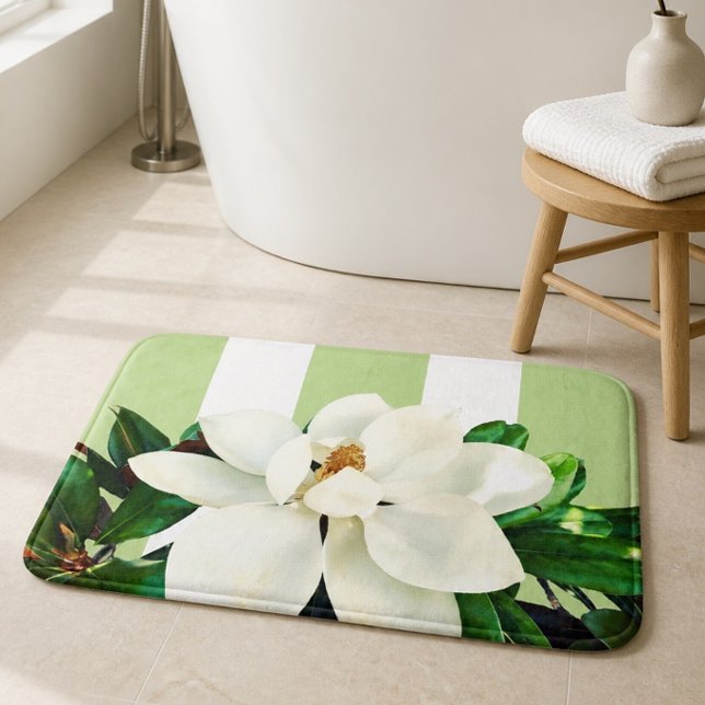 Magnolia Bloom | Green & White Striped Bath Mat (Creator Uploaded)