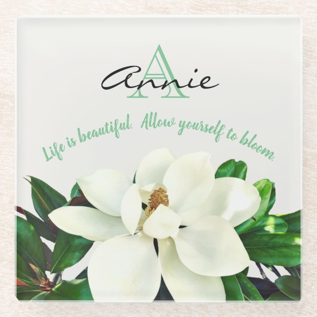Magnolia Bloom | Personalised Inspirational Glass Coaster (Front)