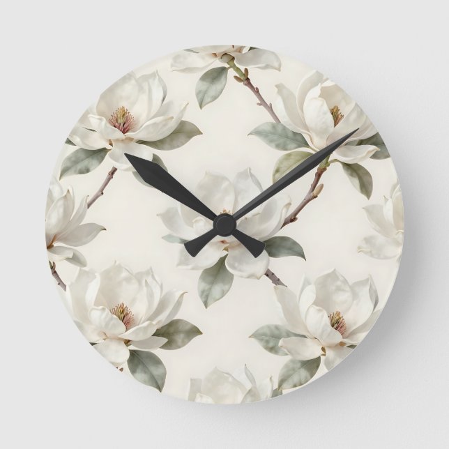 Magnolia Bloom Soft Neutral Pattern Round Clock (Front)