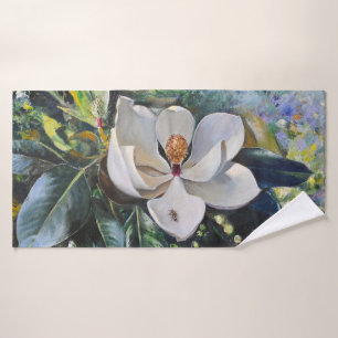 Magnolia Blossom Oil Painting of Nature’s Harmony Bath Towel