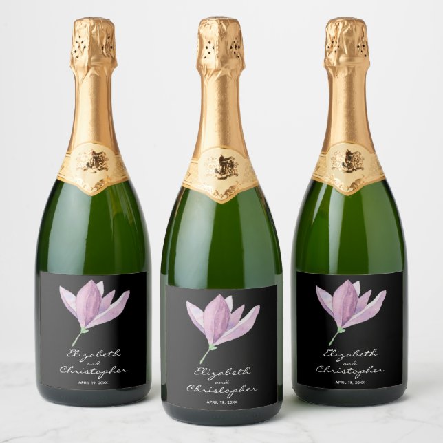 Magnolia Blossom on Black Wedding Sparkling Wine Label (Bottles)