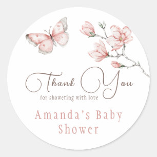 Magnolia Blush Pink Butterfly Baby Shower Favour Classic Round Sticker