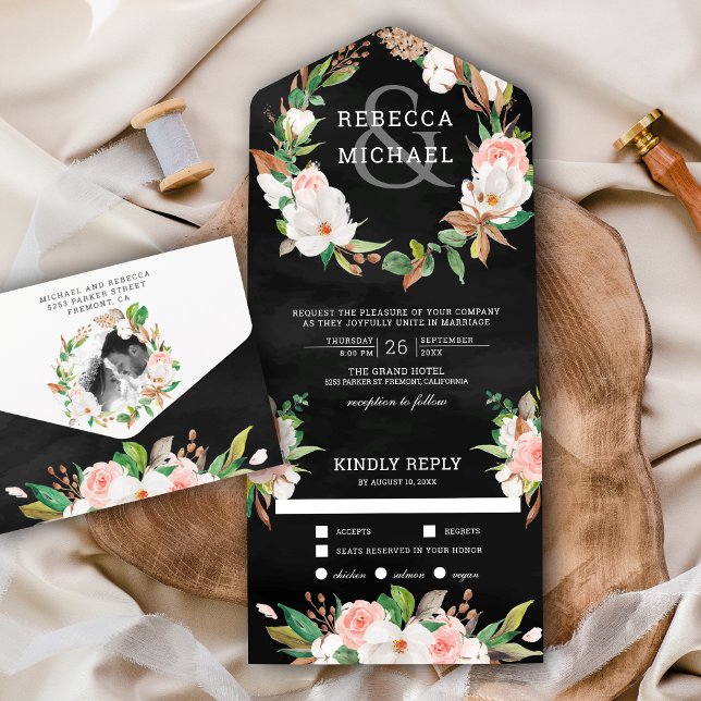 Magnolia Blush Pink Floral Wreath Black Wedding All In One Invitation (Creator Uploaded)