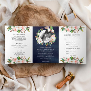 Magnolia Blush Pink Floral Wreath Navy Wedding Tri-Fold Invitation