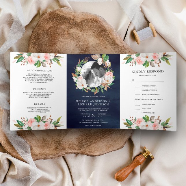 Magnolia Blush Pink Floral Wreath Navy Wedding Tri-Fold Invitation (Creator Uploaded)
