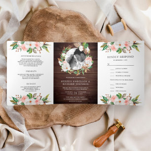 Magnolia Blush Pink Floral Wreath Wood Wedding Tri-Fold Invitation