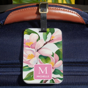 Magnolia Botanical Modern Art Pink Monogram Luggage Tag