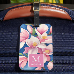 Magnolia Botanical Modern Art Pink Monogram Luggage Tag