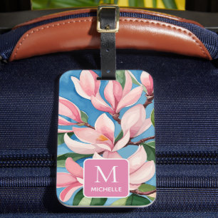 Magnolia Botanical Modern Art Pink Monogram Luggage Tag