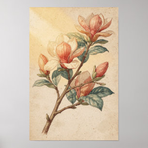 Magnolia Branch Botanical Print Flower Study