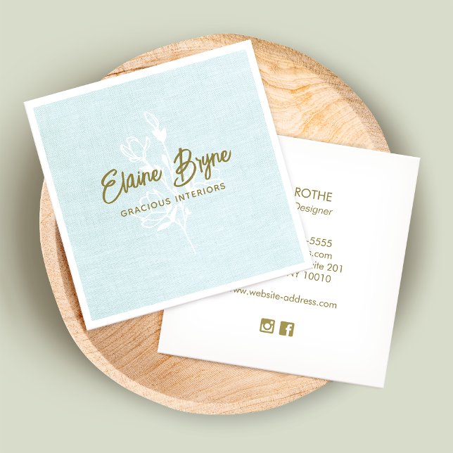 Magnolia Branch Floral Signature Script Blue Linen Square Business Card (Creator Uploaded)