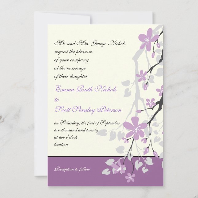 Magnolia branch purple flowers wedding invitation (Front)