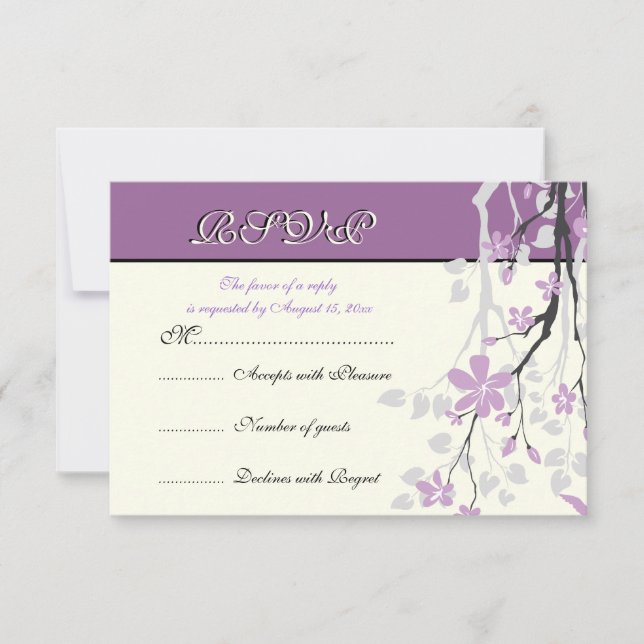 Magnolia branch purple flowers wedding RSVP card (Front)