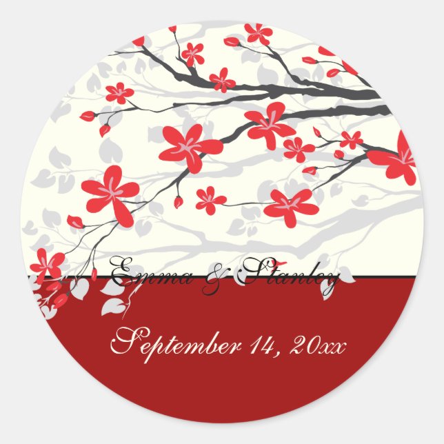 Magnolia branch red wedding Save the Date sticker (Front)
