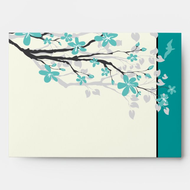 Magnolia branch turquoise wedding envelope (Front)
