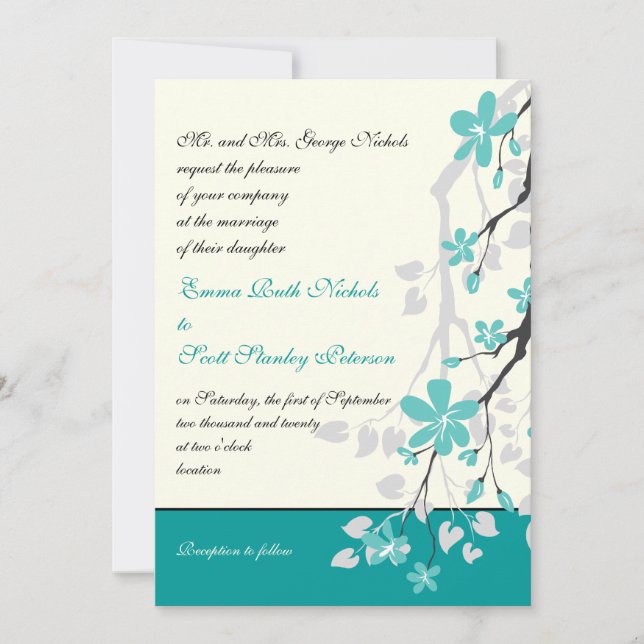 Magnolia branch turquoise wedding invitation (Front)