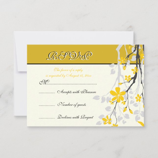 Magnolia branch yellow flowers wedding RSVP card (Front)