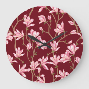 Magnolia Branches: Blooming Vintage Illustration. Large Clock