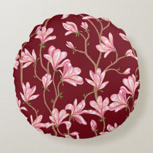 Magnolia Branches: Blooming Vintage Illustration. Round Cushion