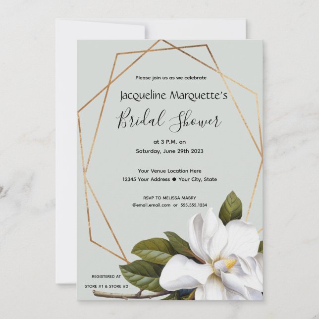 Magnolia Bridal Shower with Gold and Sage Invitation (Front)