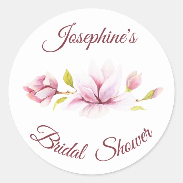 Magnolia Burgundy Floral Bridal Shower Classic Round Sticker (Front)