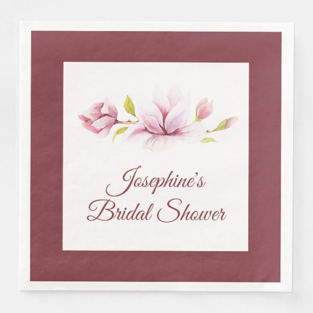 Magnolia Burgundy Floral Bridal Shower Napkin (Front)