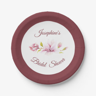 Magnolia Burgundy Floral Bridal Shower Paper Plate
