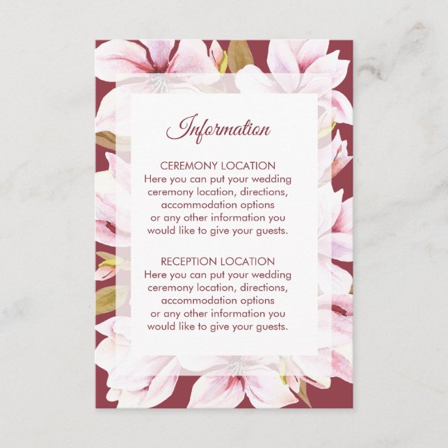 Magnolia Burgundy Floral Wedding Information Enclosure Card (Front)