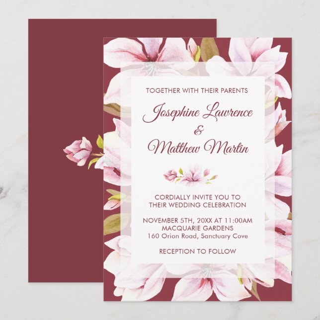 Magnolia Burgundy Floral Wedding Invitations (Front/Back)