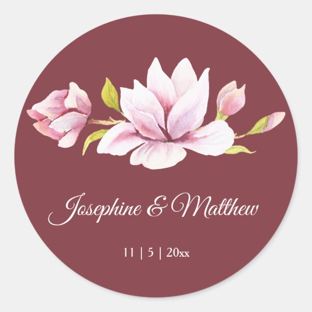 Magnolia Burgundy Floral Wedding Stickers (Front)