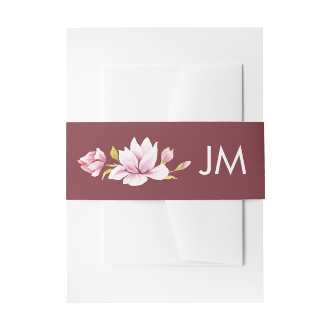 Magnolia Burgundy Monogram Floral Wedding Invitation Belly Band (Front Example)