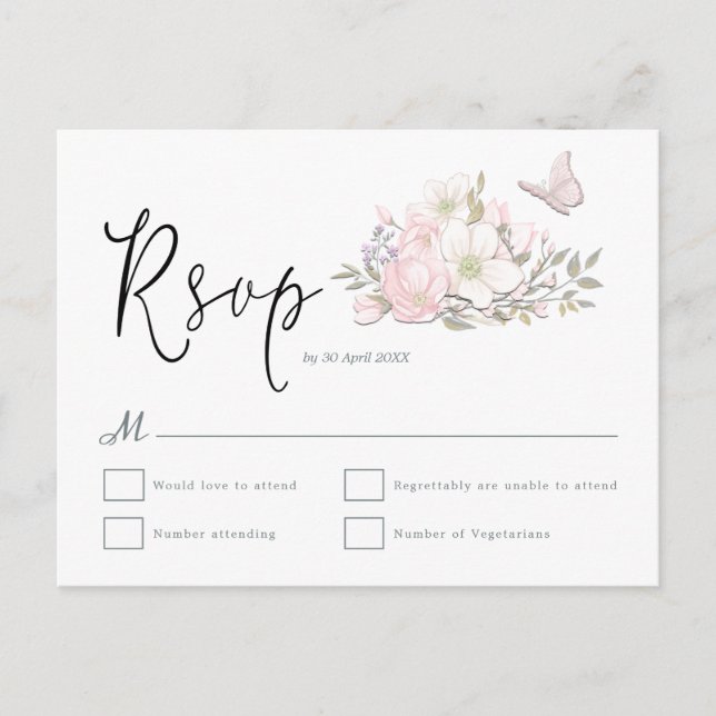 Magnolia Butterfly Watercolors Script Wedding RSVP Postcard (Front)
