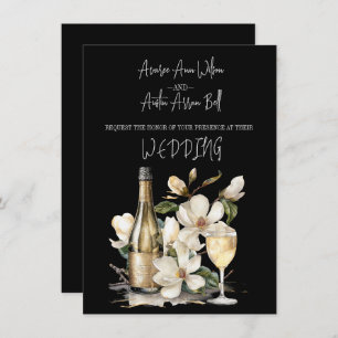 Magnolia Champagne and Glasses White Text Invitation