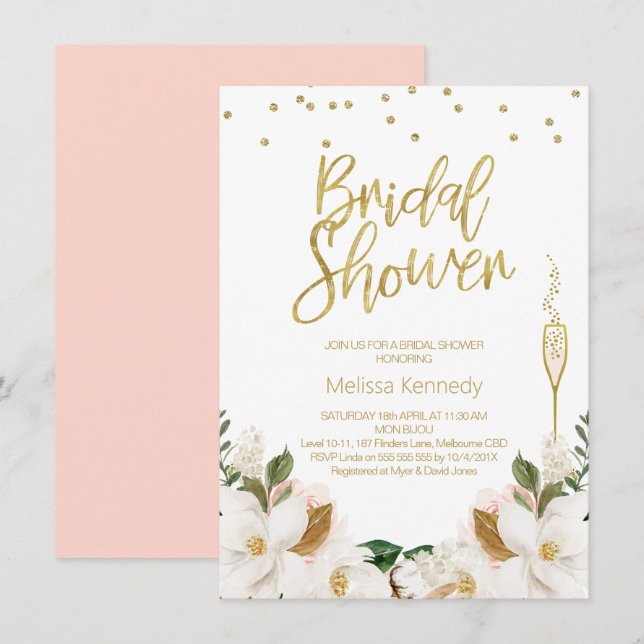 Magnolia Champagne Glass Bridal Shower Invitation (Front/Back)