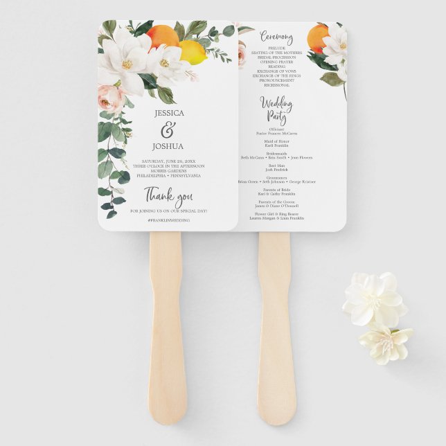 Magnolia Citrus Wedding Program Fan Editable Back (Front and Back)