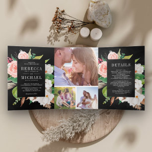 Magnolia Cotton Blush Pink Floral Black Wedding Tri-Fold Invitation