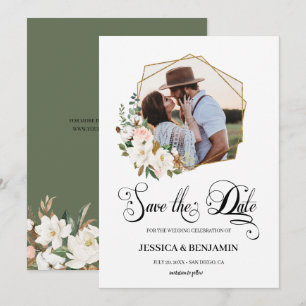 Magnolia Cotton Floral Leaves Gold Geometric Photo Save The Date
