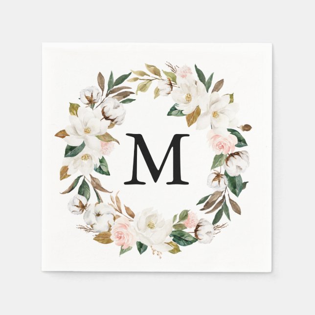 Magnolia Cotton Monogram Wedding Cocktail Napkin (Front)