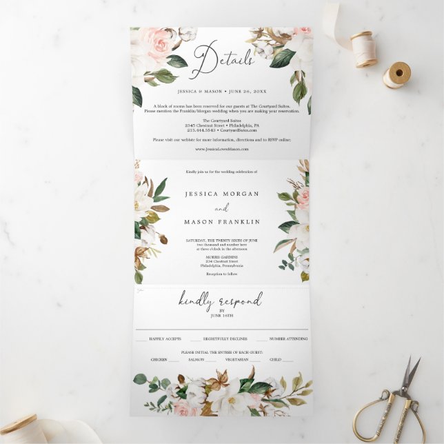 Magnolia Cotton Wedding Tri-Fold Invitations RSVP (Inside)